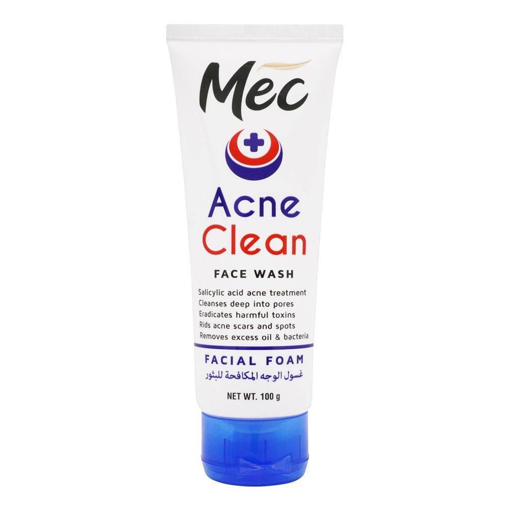 Acne face wash tube, white with blue base, full front branding