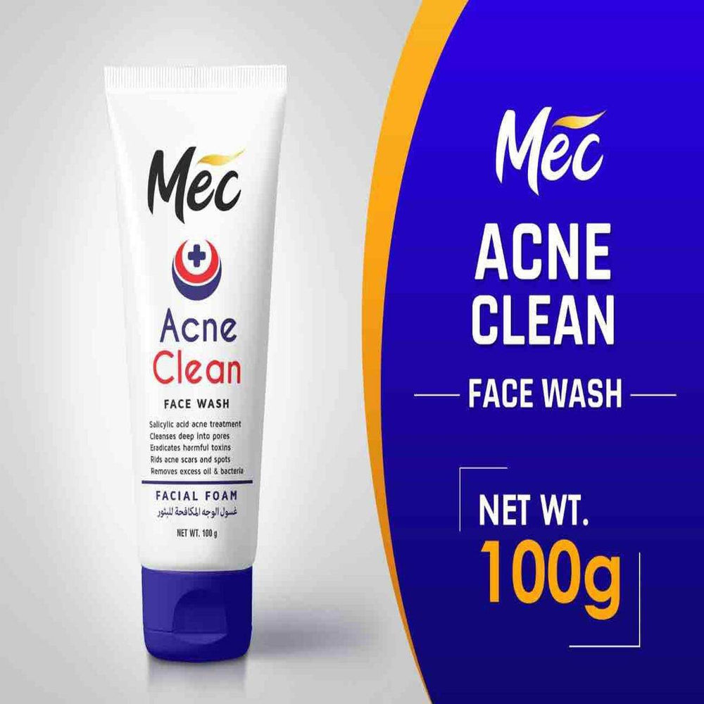 Acne face wash tube, white with blue base and front label