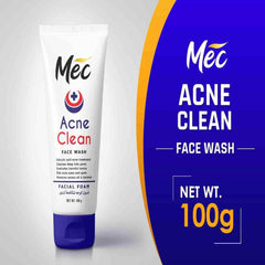 Acne face wash tube, white with blue base and front label
