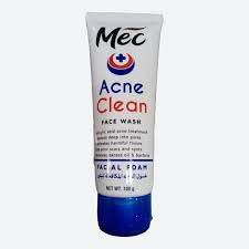 Acne face wash tube, white with blue base, front label view