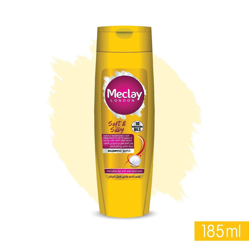 Meclay London shampoo bottle, yellow flip cap, 185 ml soft & silky label