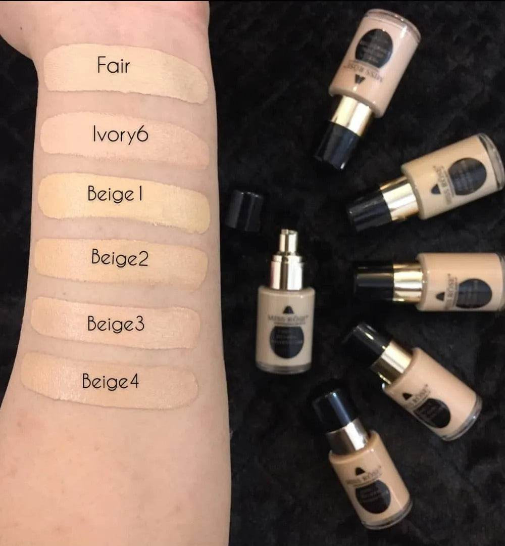 Foundation swatch chart showing fair to beige shades labeled on skin