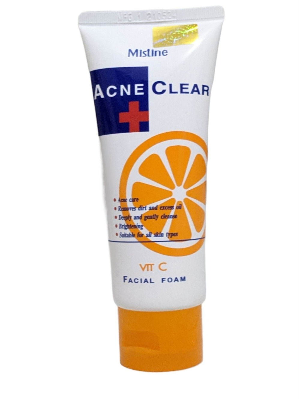 Mistine Acne Clear Vit C facial foam tube, front view with orange Vit C text