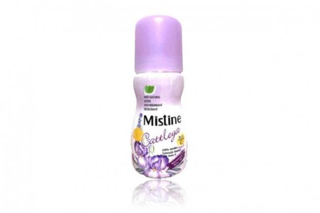 Roll-on deodorant bottle with purple cap, Cattleya floral artwork on front