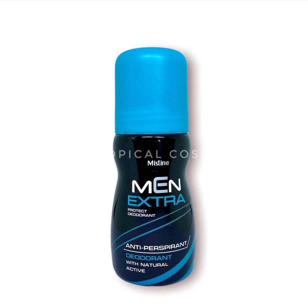 Men's roll-on deodorant bottle with blue cap and black label