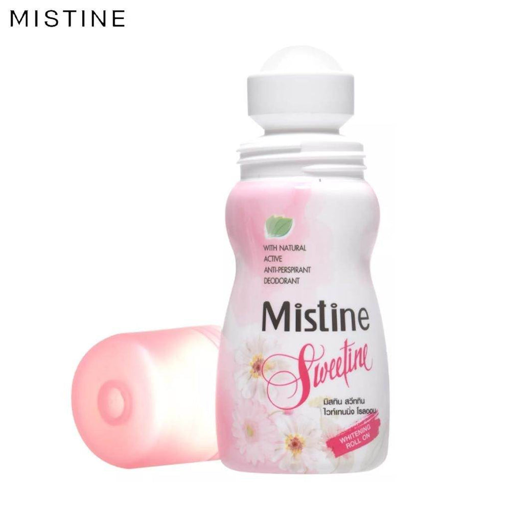 Mistine Sweetfine roll-on deodorant bottle, pink label and white cap