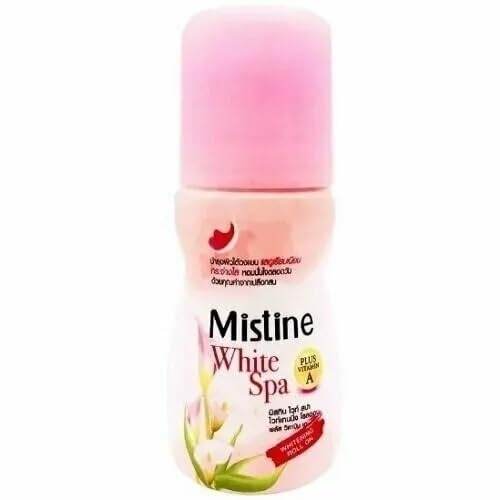 Mistine White SPA roll-on deodorant bottle with pink cap and front label close-up