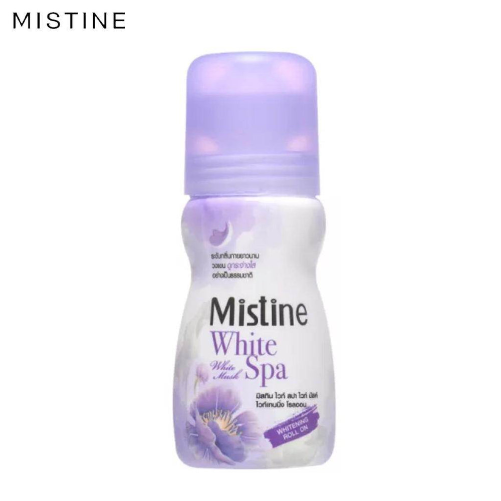 Mistine White Spa roll-on bottle with purple frosted cap, front label visible