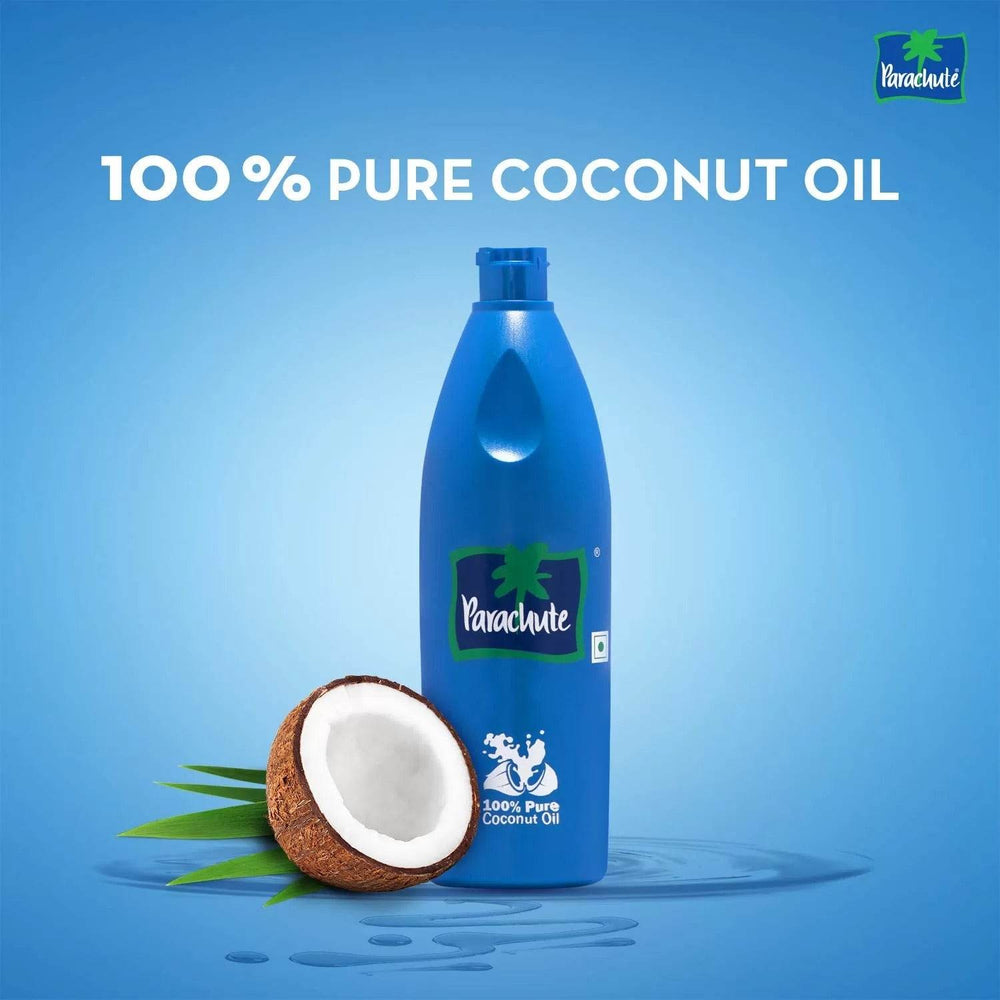 Parachute coconut oil bottle with 100% pure coconut oil text and coconut half