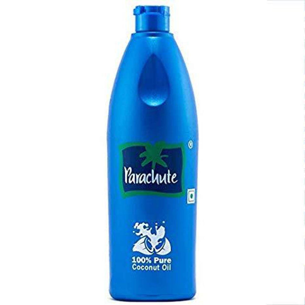 Parachute coconut oil bottle, front view, blue cap and label