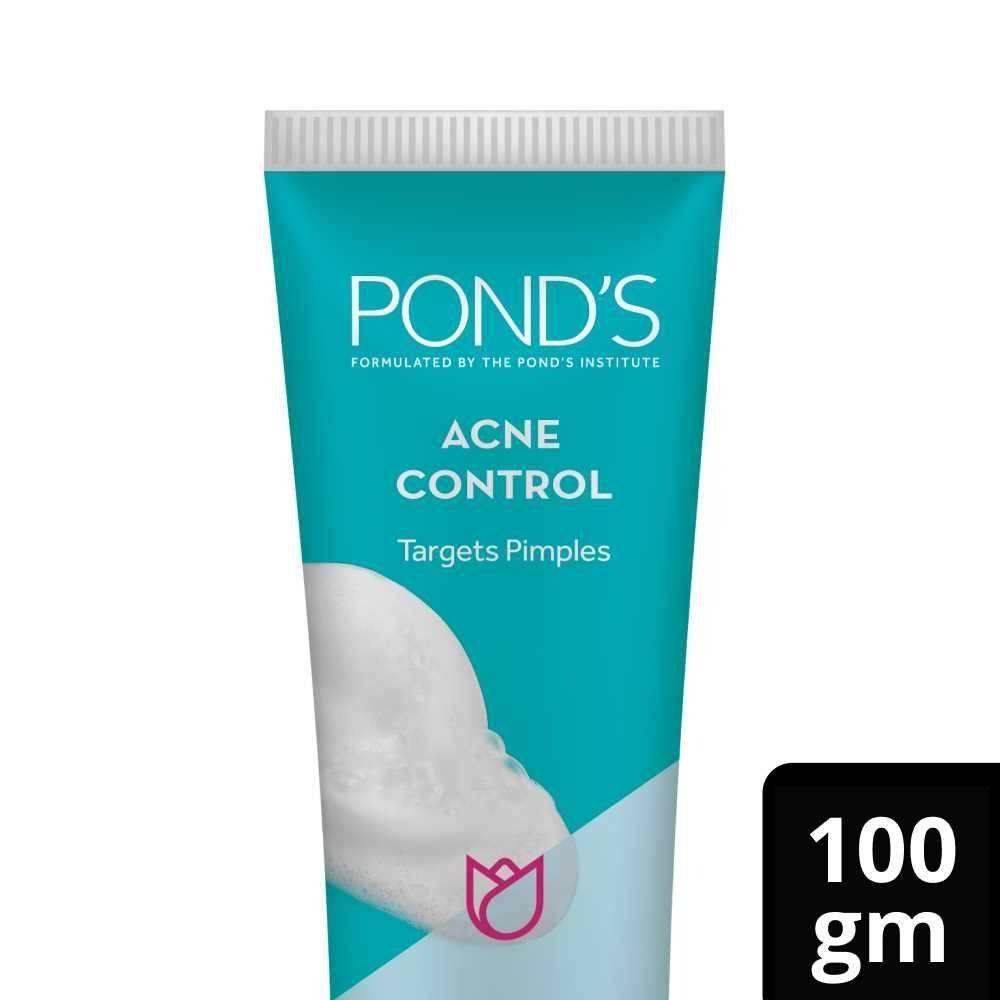 POND's Acne Control face wash tube close-up, teal label and 100 gm marking
