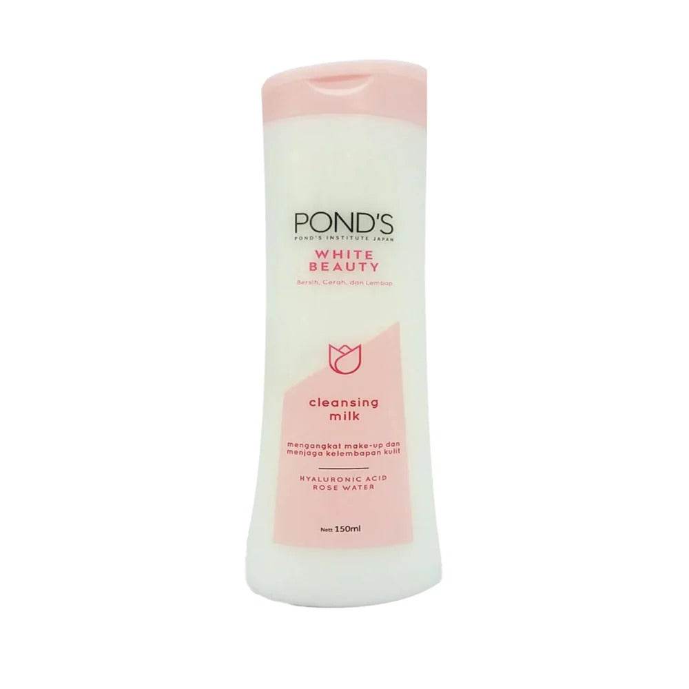 Cleansing milk bottle with pink cap, POND'S White Beauty label and pink band