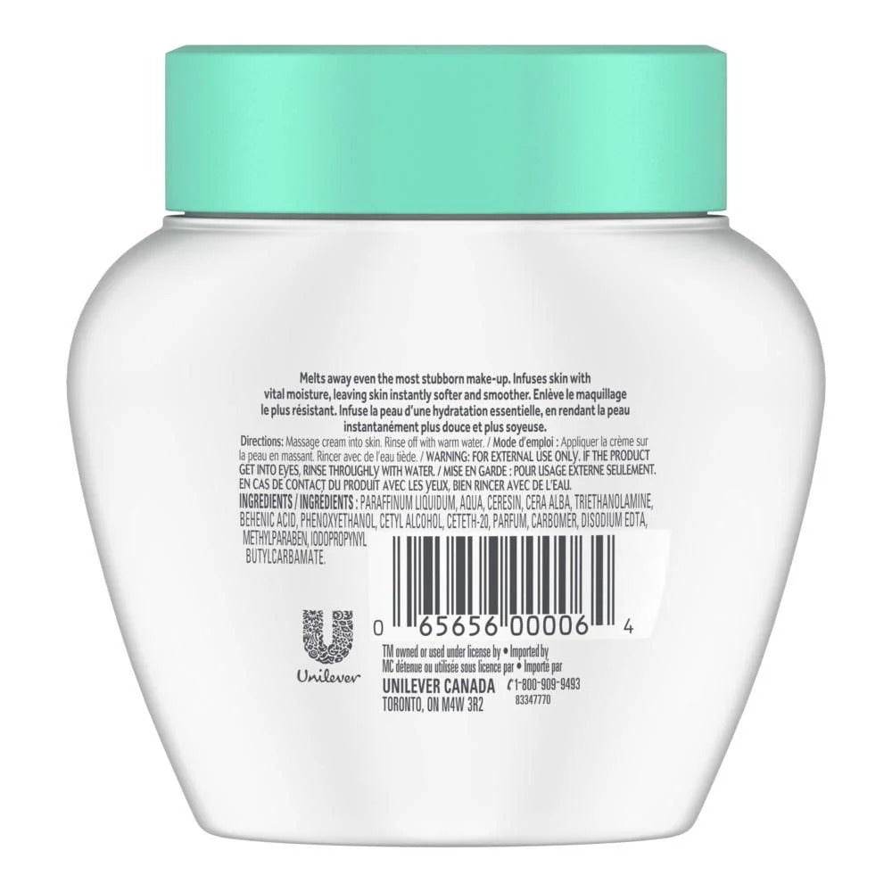 Cold cream make-up remover jar back, barcode and ingredients text, white with teal cap