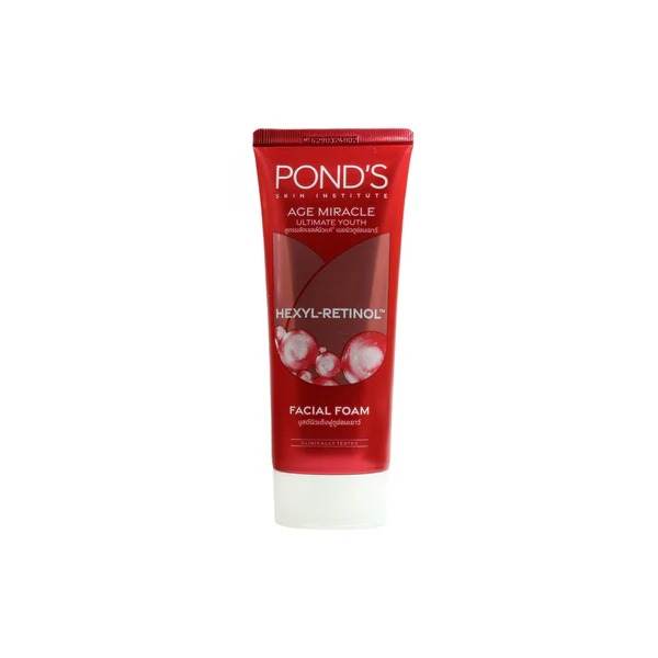 Face wash foam tube with red POND'S label, Hexyl-Retinol text, white base; front view