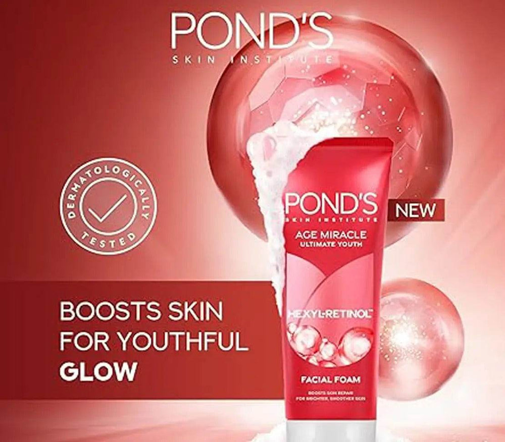 POND'S face foam tube with bubbles and dermatologically tested badge; red cap
