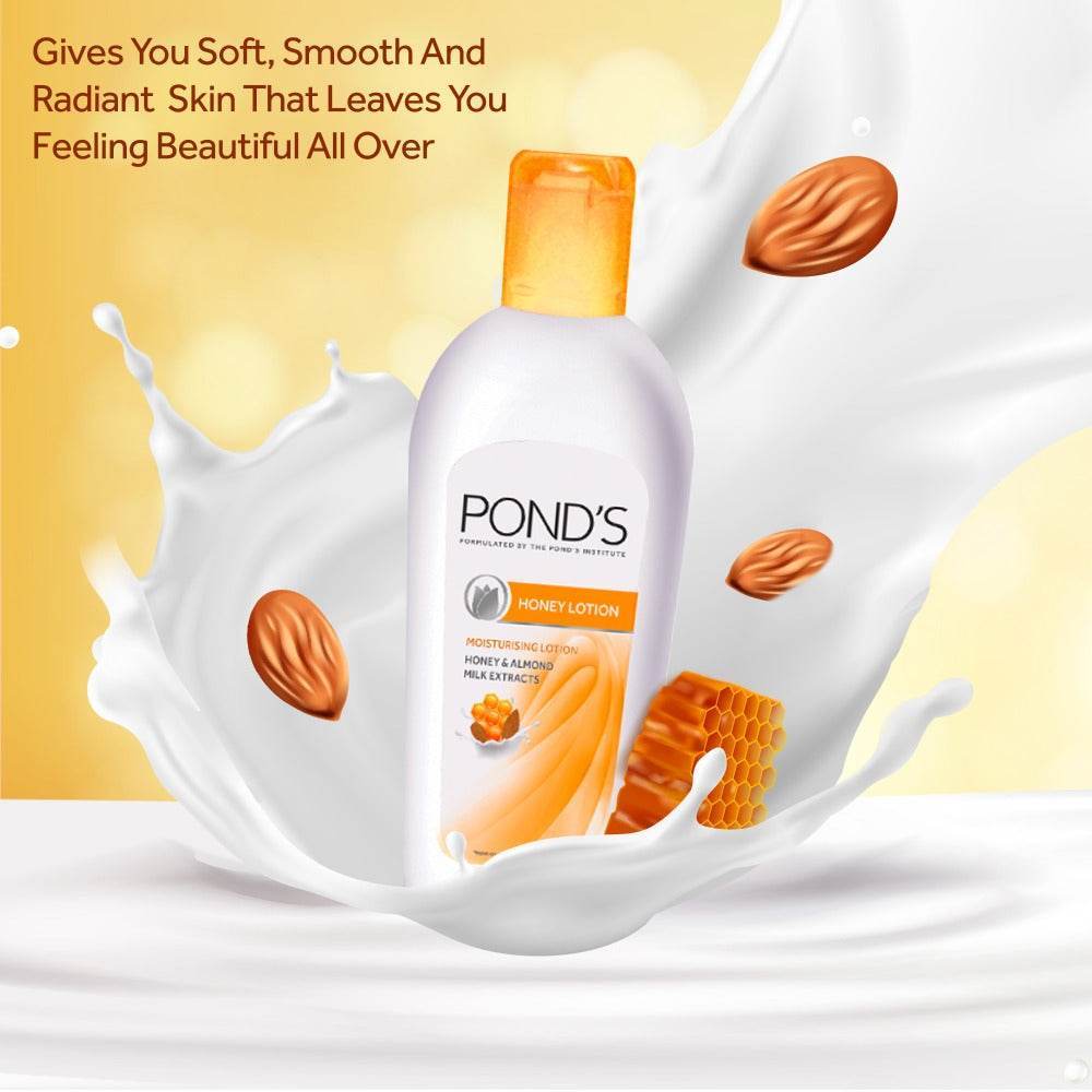 POND'S Honey Lotion bottle in white splash, orange cap, front label visible