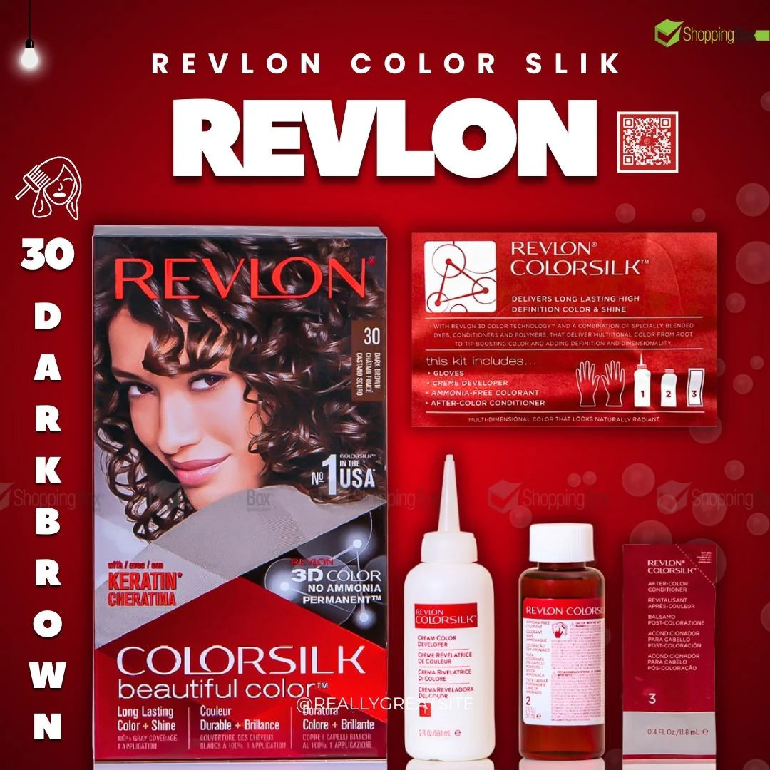 Revlon ColorSilk hair color kit, shade 30, with bottles and developer