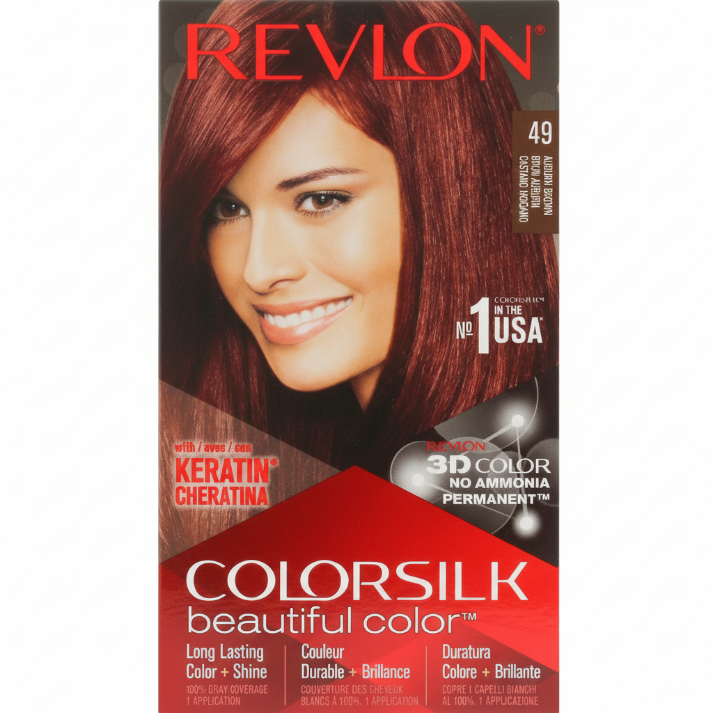 Revlon ColorSilk permanent hair color box, shade 49, red packaging with bottle graphics