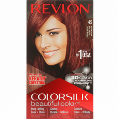 Revlon ColorSilk permanent hair color box, shade 49, red packaging with bottle graphics