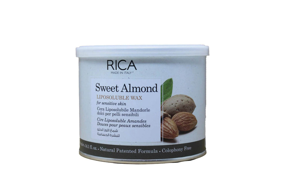 Sweet Almond liposoluble wax tub, white plastic container with front label