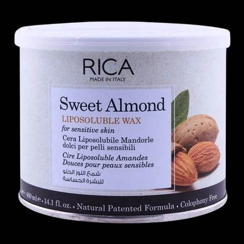 Sweet Almond liposoluble wax tub, white container with label and almond illustrations