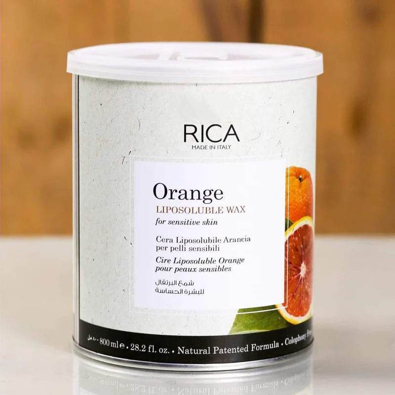 Orange liposoluble wax tub with white lid and front label, 800 ml