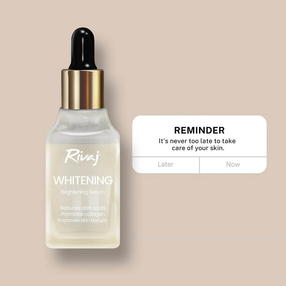 Rivaj Whitening brightening serum bottle with black dropper, clear liquid, 30 ml