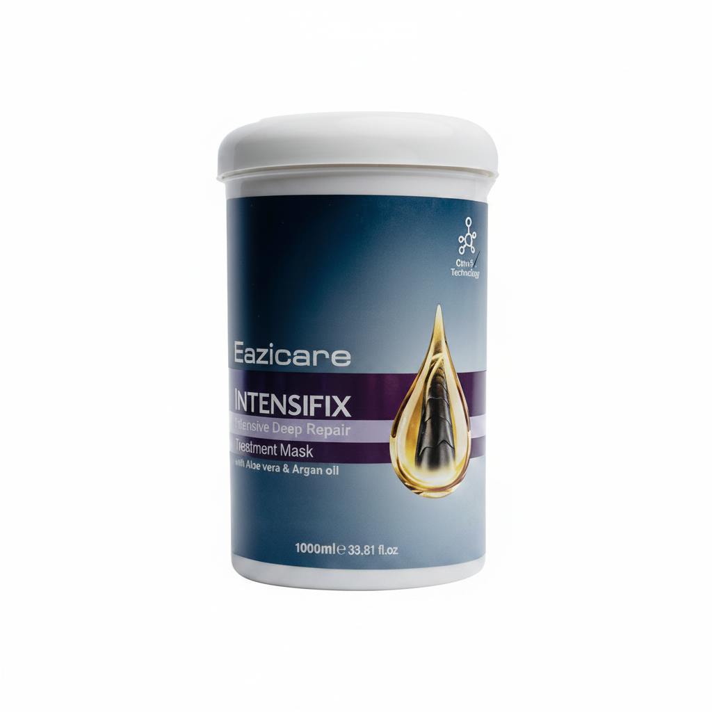 Hair mask tub with white lid and dark blue label, gold drop artwork