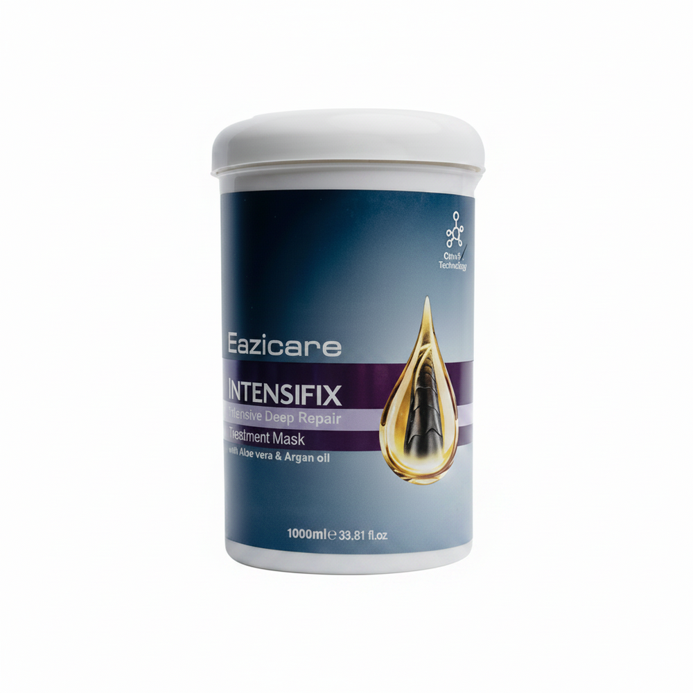 Hair mask tub with white lid and dark blue label, gold drop artwork