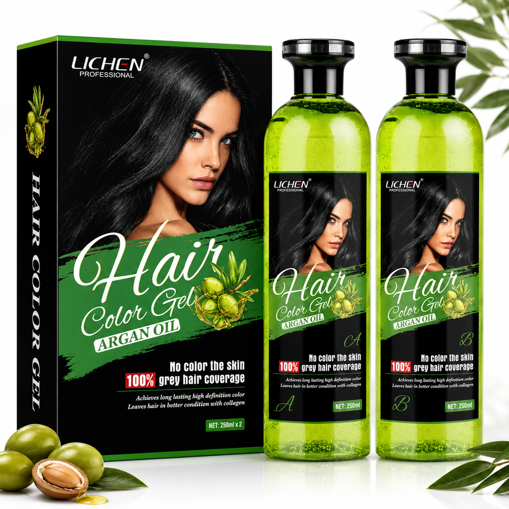 Lichen Hair Color Gel argan oil, large box and two green bottles with model labels