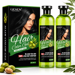 Lichen Hair Color Gel argan oil, large box and two green bottles with model labels