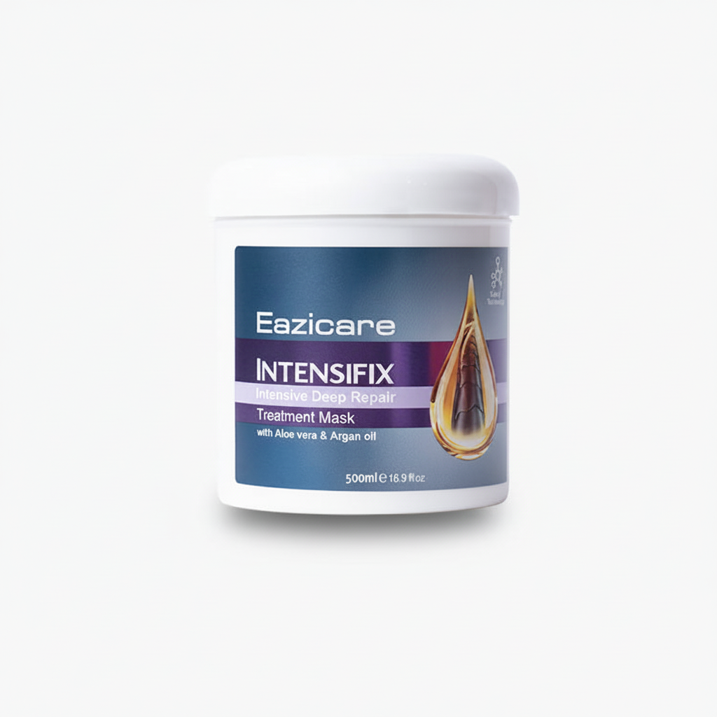 Hair treatment mask tub with blue label and gold droplet graphic