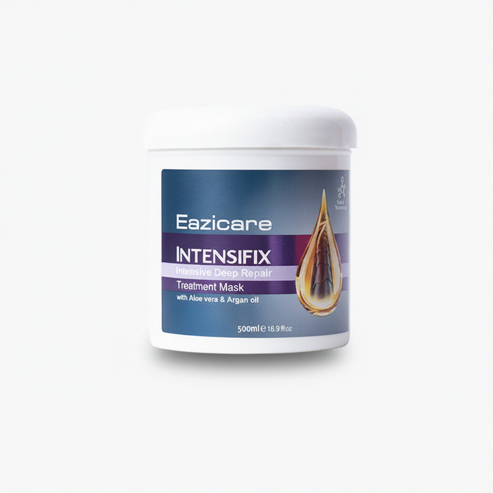 Hair treatment mask tub with blue label and gold droplet graphic