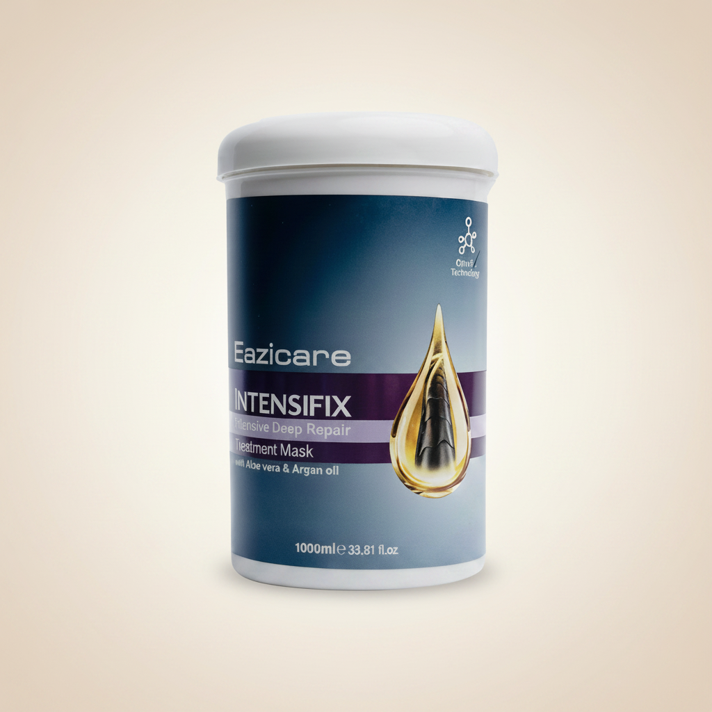 Hair mask tub with white lid, dark blue label and gold drop treatment icon