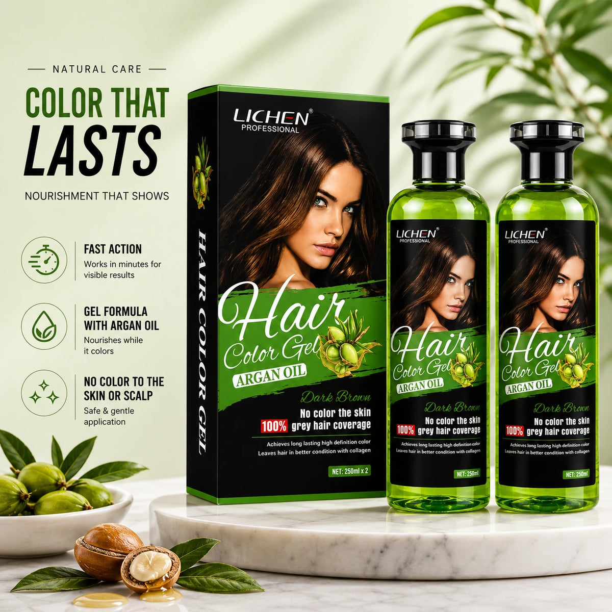 Lichen hair color gel dark brown, box and two green bottles