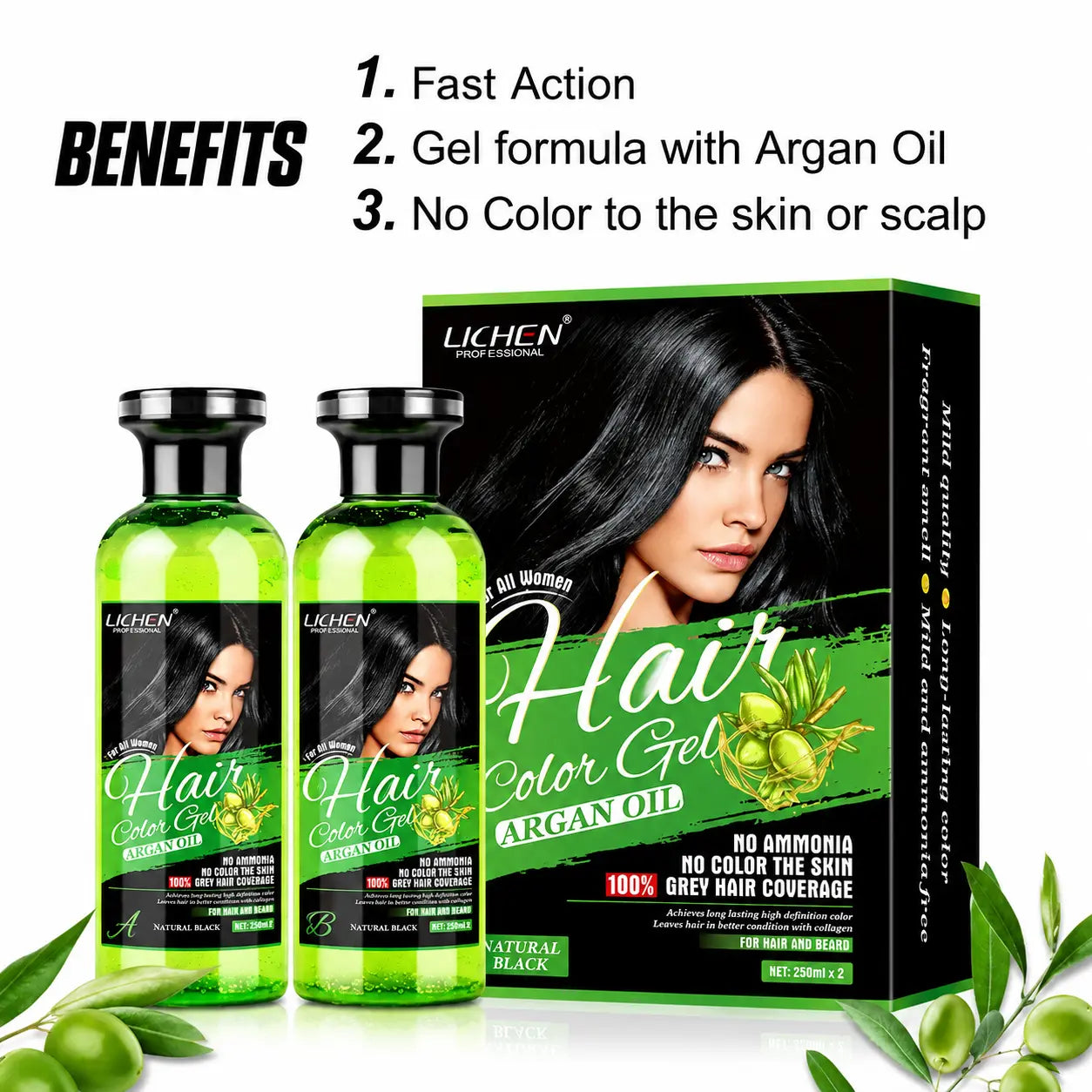 Lichen hair color gel set with two green bottles and box, argan oil and no ammonia