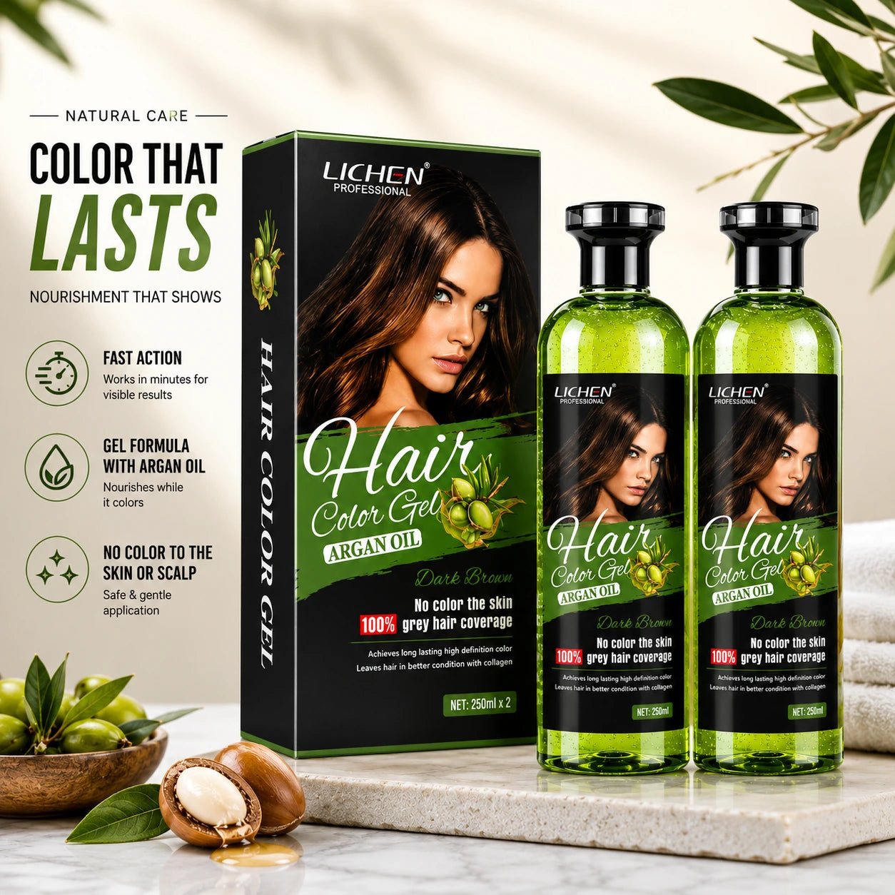 Hair color gel dark brown with argan oil, box and two green bottles
