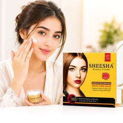 Sheesha beauty cream jar held by woman, with product box in view