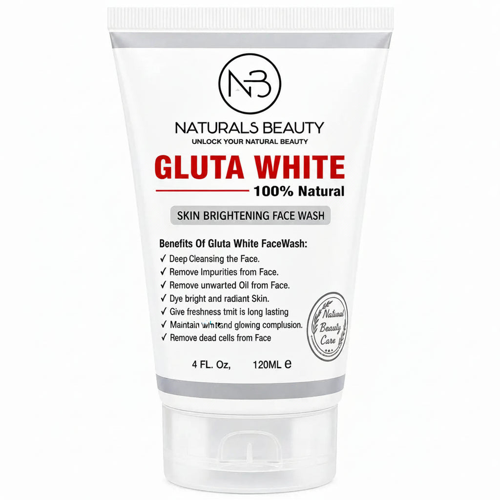 White face wash tube close-up: front label with benefits list and GLUTA WHITE line
