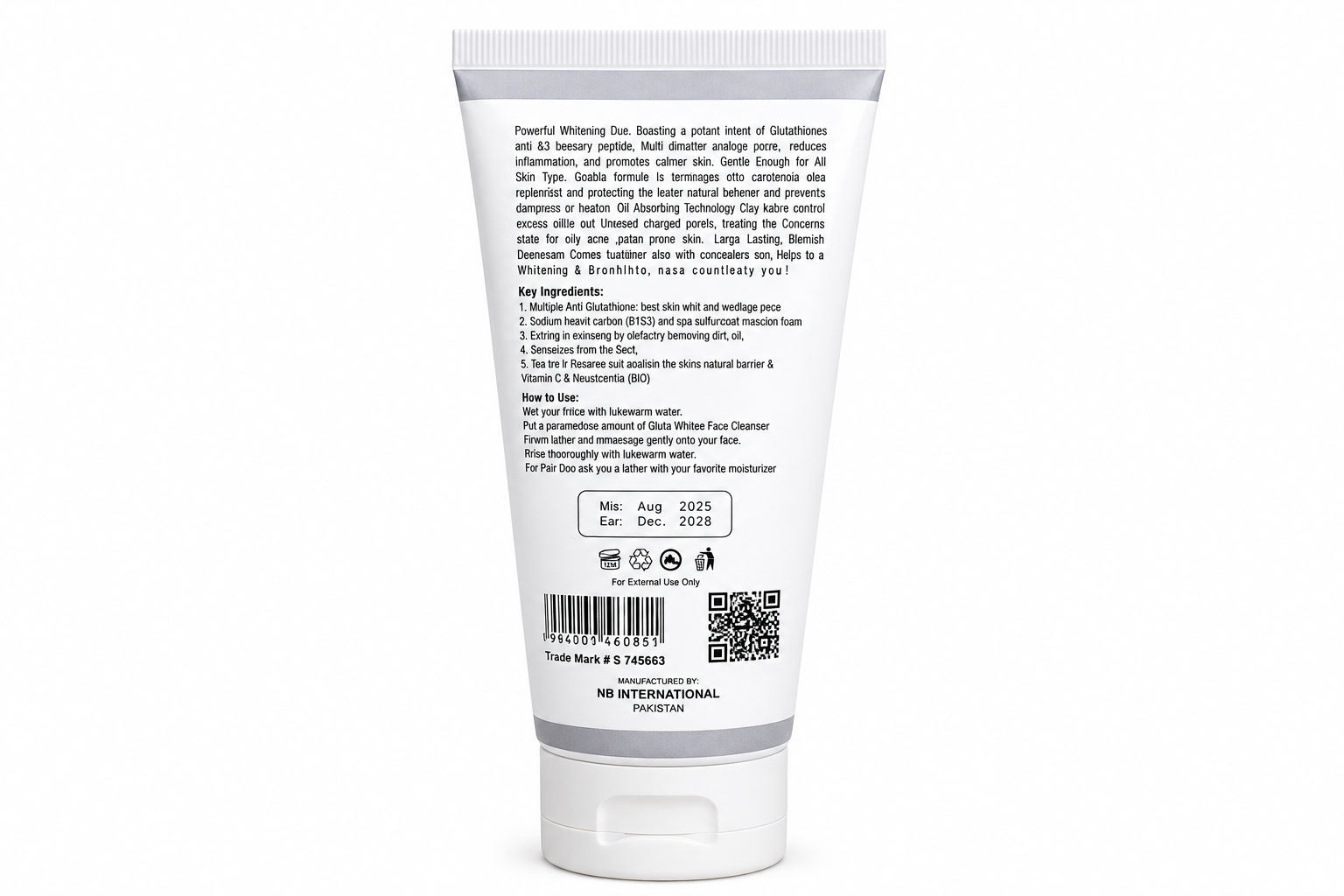 Gluta White cleanser tube with back ingredient label, 200 ml