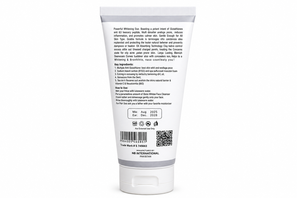 Gluta White cleanser tube with back ingredient label, 200 ml