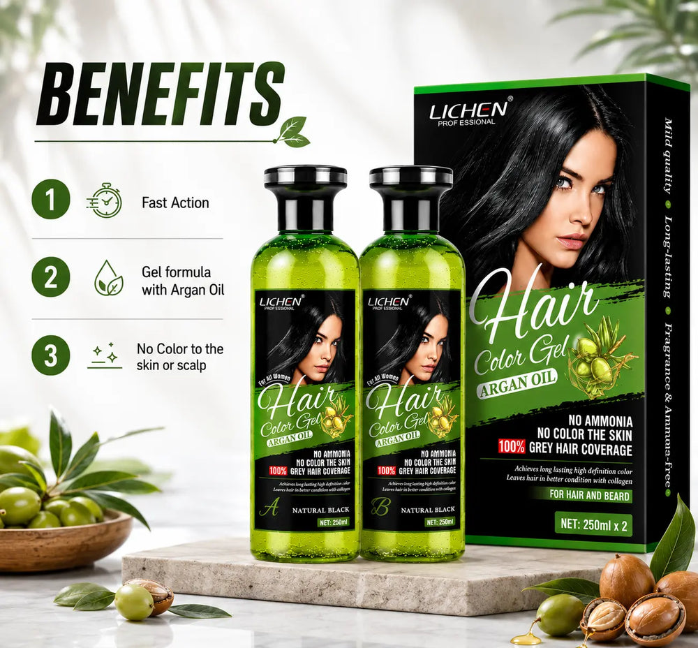 Lichen hair color gel set: two green bottles and box with gray hair coverage claim