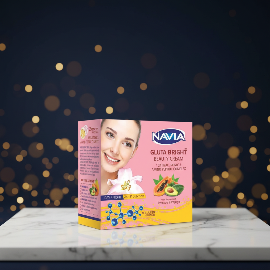 Navia Beauty Cream carton with pink-yellow label, collagen icon strip and day/night badge
