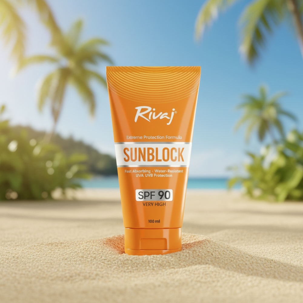 Orange Sunblock SPF 90 sunscreen tube, 100 ml, front label with Rivaj mark and SPF box