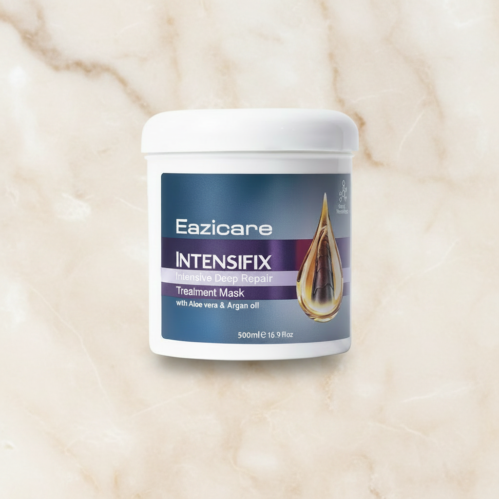 Hair treatment mask tub with white lid, blue label, and gold oil drop