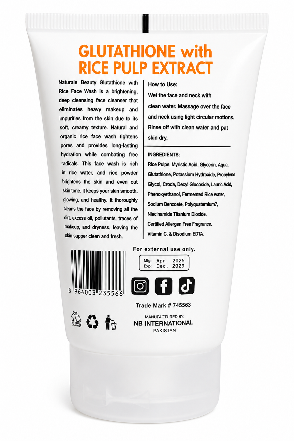 Gluta rice face wash tube back with ingredient list and usage directions