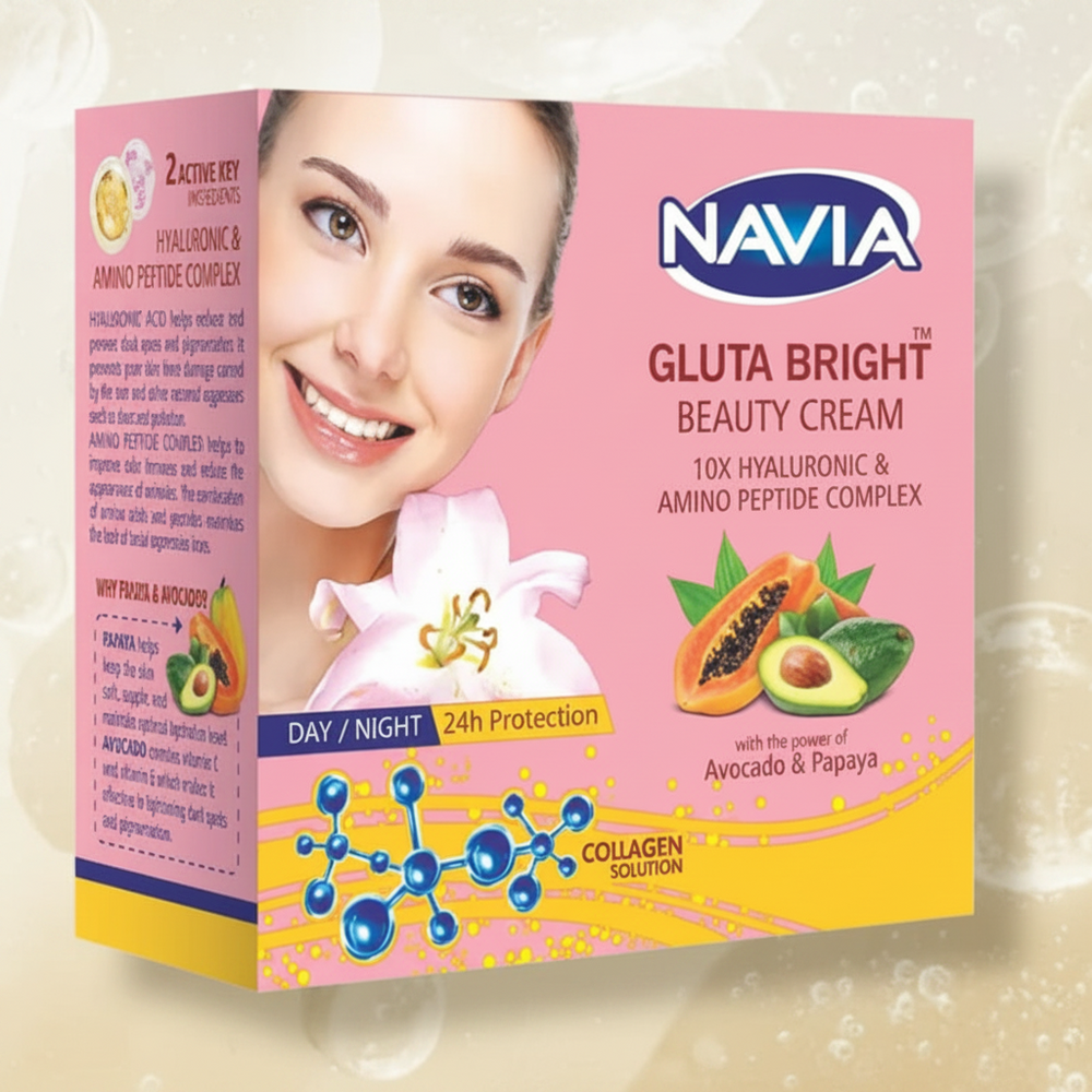 Navia Beauty Cream box close-up with woman portrait, pink-yellow label, and avocado papaya