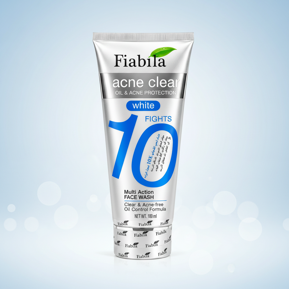 Fiabila acne clear face wash tube, white variant, front view with blue 10 mark, 100 ml