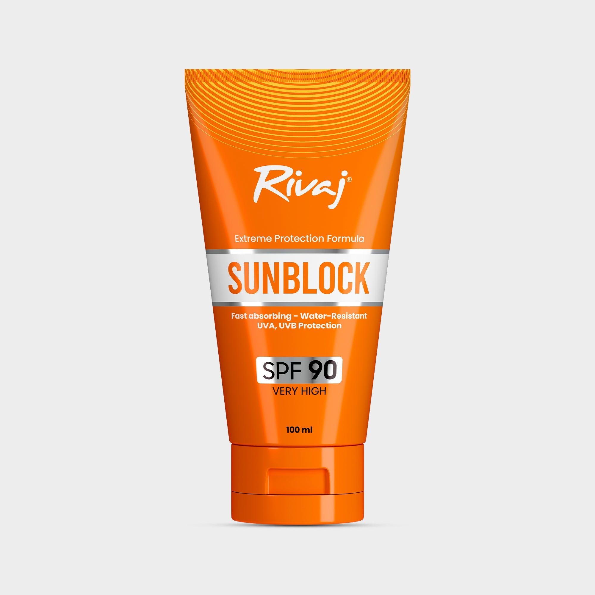 Orange Sunblock SPF 90 sunscreen tube, 100 ml, with front label and flip-top cap