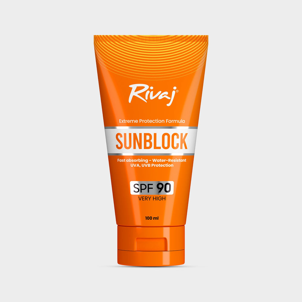 Orange Sunblock SPF 90 sunscreen tube, 100 ml, with front label and flip-top cap